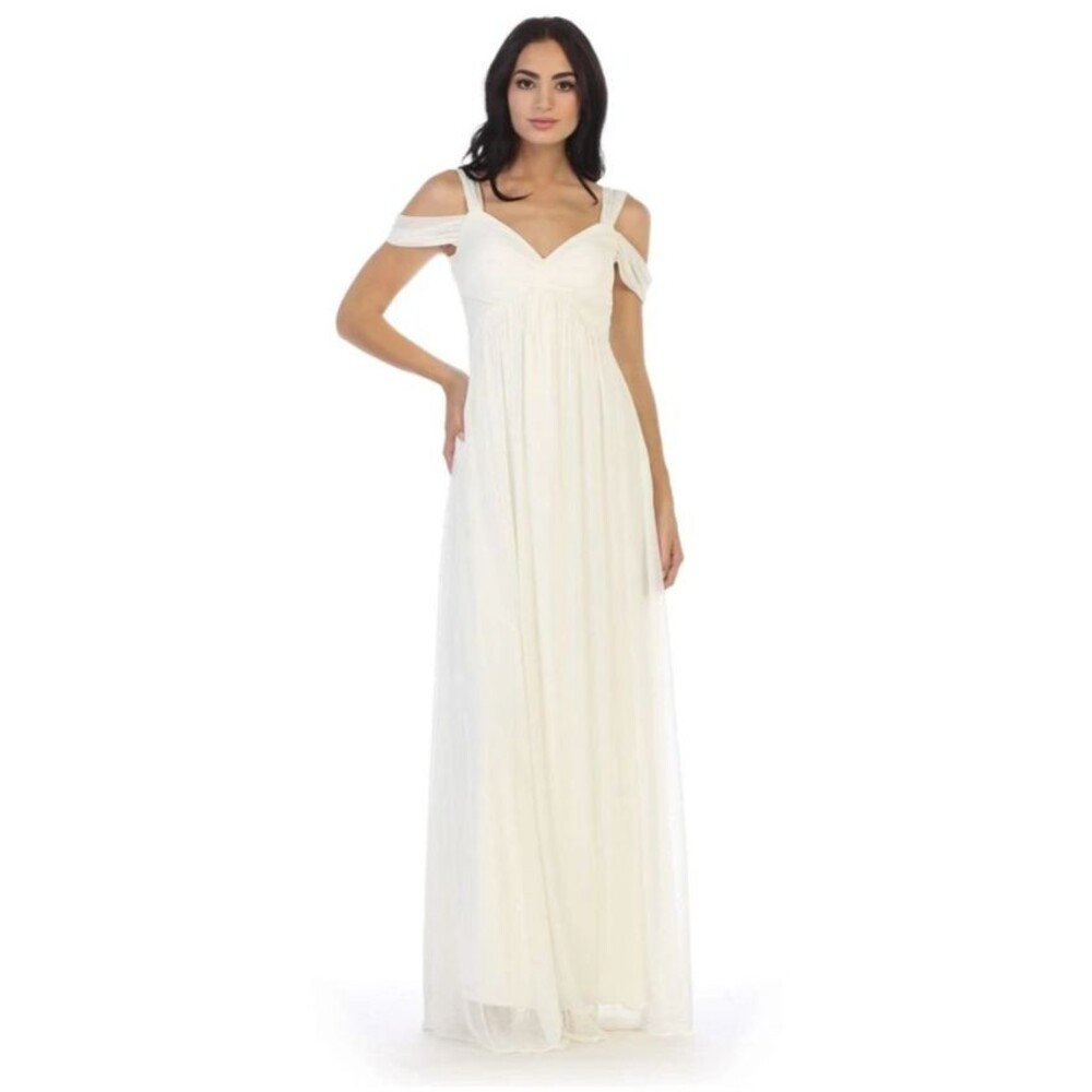 NWT Eva USA 3321 Cream Off White Long Off Shoulder Dress Sash V Neck Medium
